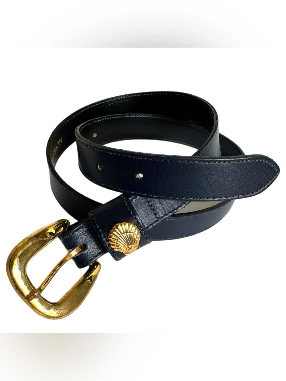 Vtg Brooks Brothers Navy Blue Calfskin Leather Belt M Gold Shell Coastal Preppy